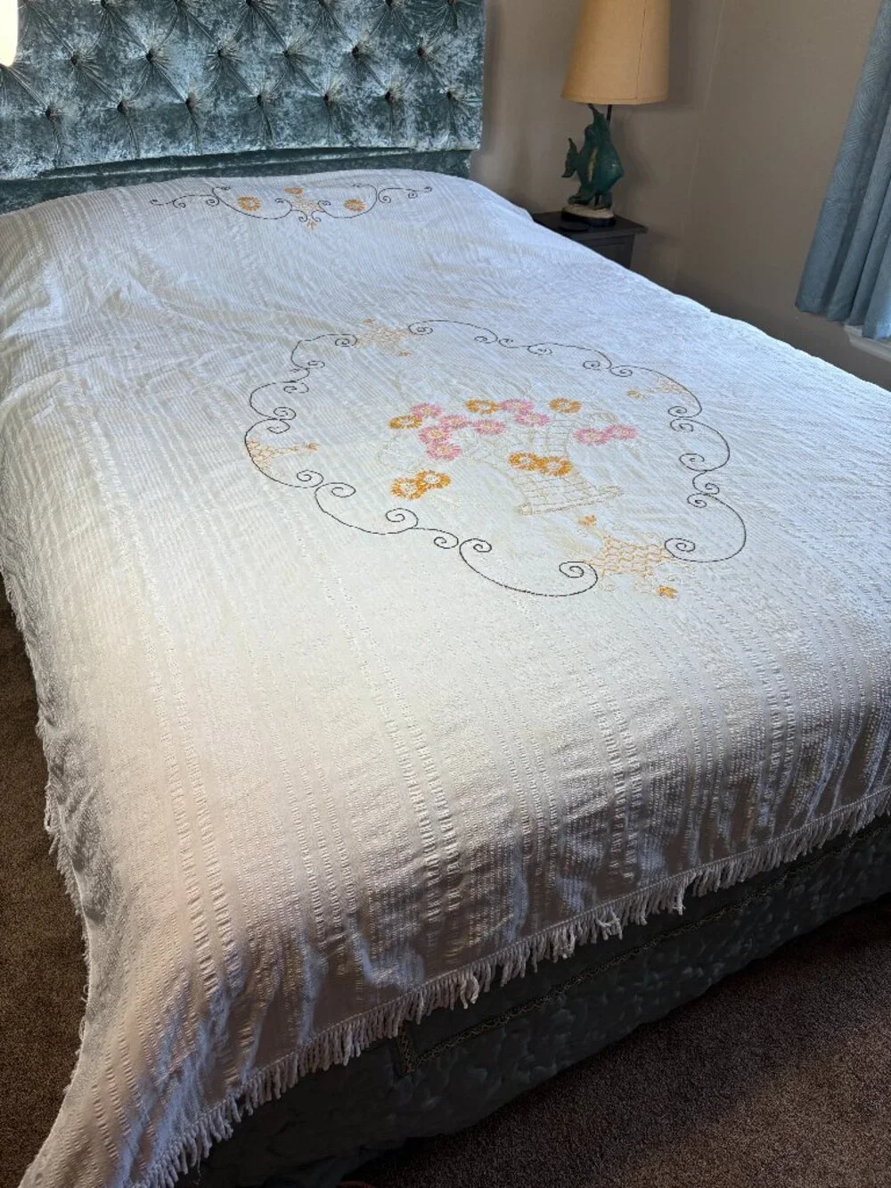 Vintage Embroidered Coverlet with Fringe. Basket of Flowers. Full Size